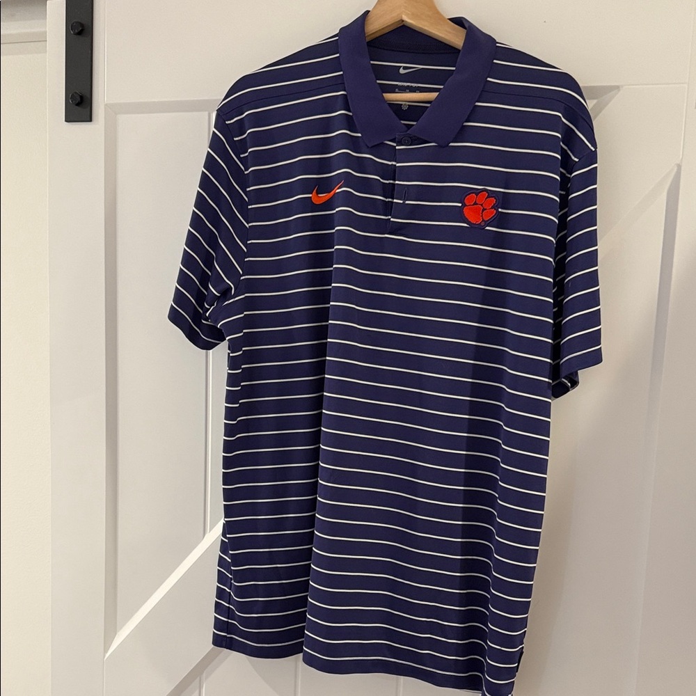 Nike Men's Purple and White Striped Polo Shirt Clemson Logo